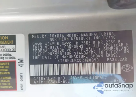 2011 Toyota Camry Le z USA, uszkodzony, nr VIN 4T4BF3EKXBR128990